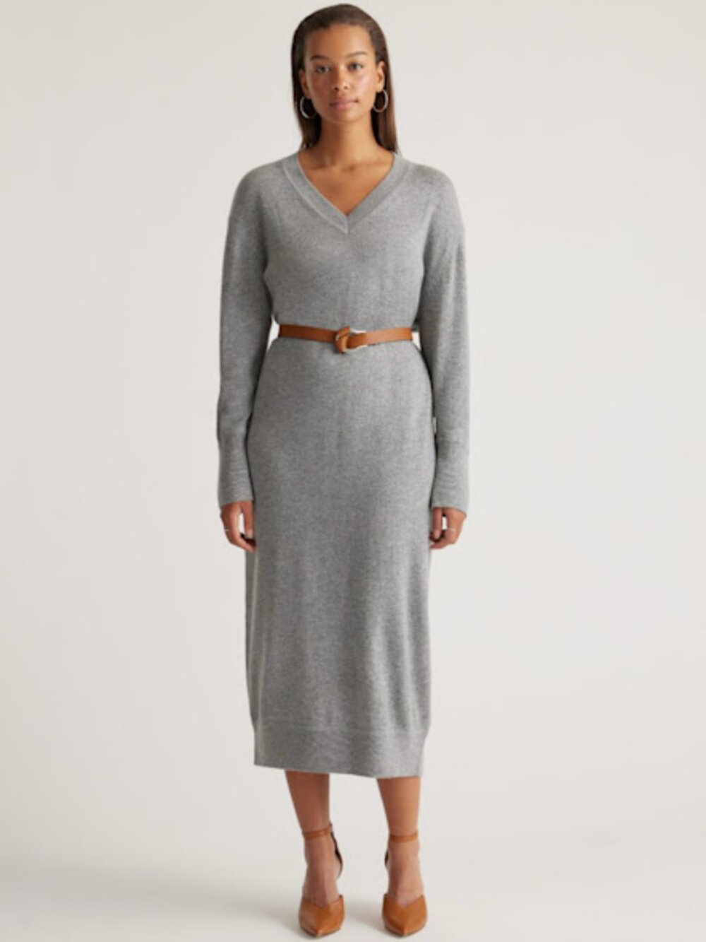 Quince Mongolian Cashmere V-Neck Midi Sweater Dress